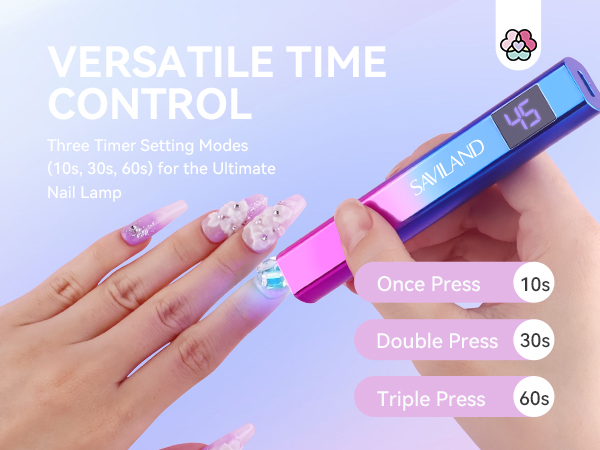 Handheld UV nail lamp with digital display showing 45 seconds. Three timer settings: 10s, 30s, 60s for nail curing.