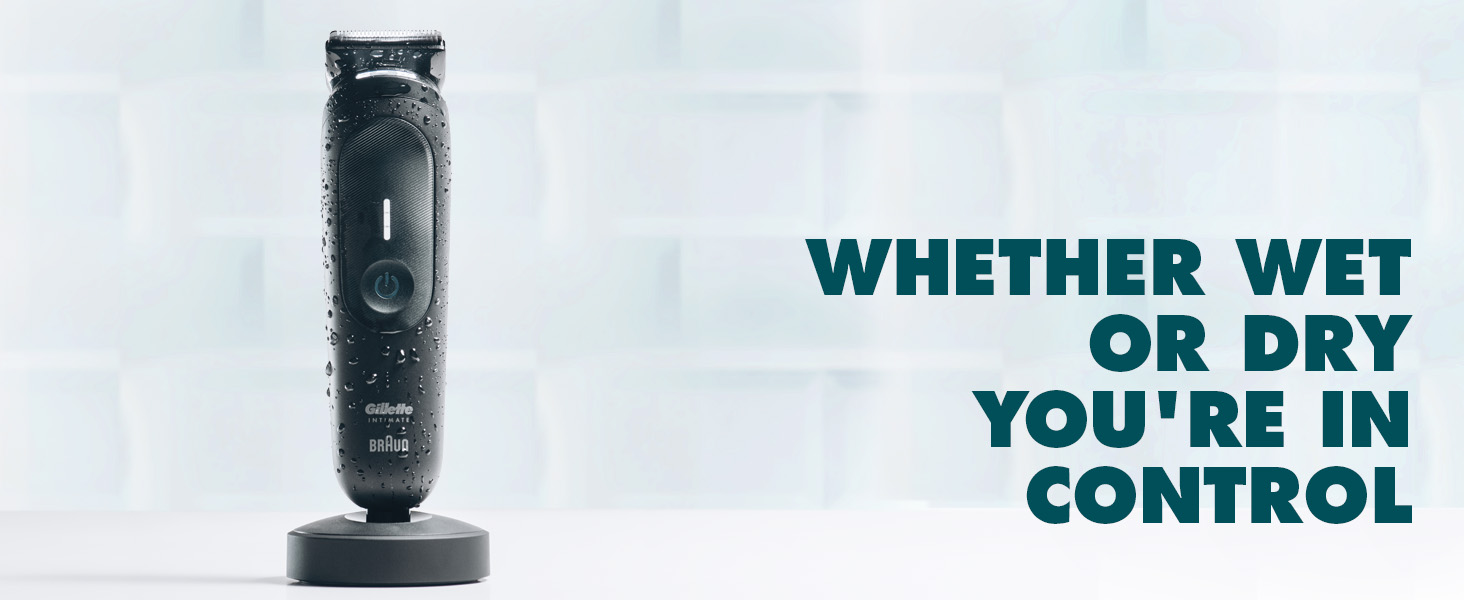 I7 trimmer on stand, with the message: Whether wet or dry you’re in control
