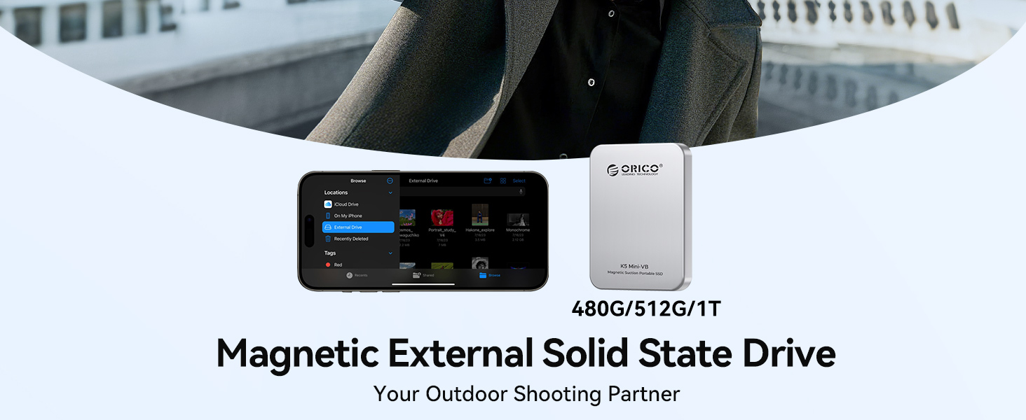 Text reads 'SNUQ T35/TT Your Outdoor Shopping Partner' with product image showing magnetic external solid state drive and companion device against white background.
