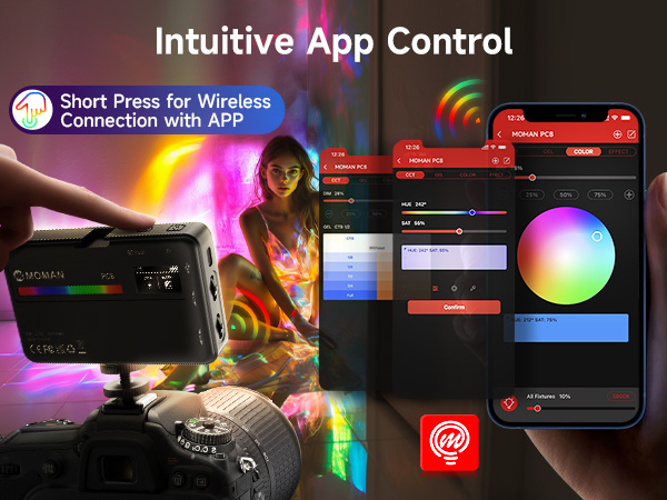 App-controlled lighting system with smartphone interface, showing color selection and wireless connection. Device with display mounted on camera, surrounded by colorful light effects.