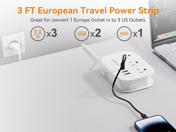 European travel plug adapter 3 ft European Power Strip 