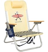 Life is Good 4-Position Backpack Aluminum Beach Chair with Pillow and Cup Holder, Yellow and Navy...