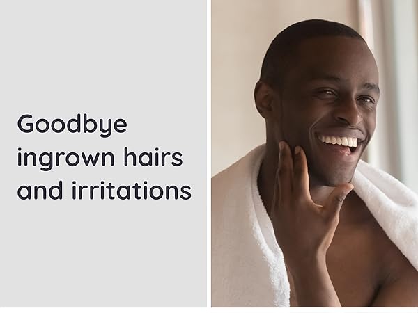 A person touching their smooth face, with text overlay: 'Goodbye ingrown hairs and irritations'. Image showcases skincare or hair removal product results.