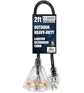 2 ft - 12 Gauge Heavy Duty Extension Cord - 3 Outlet Lighted SJTW - Indoor/Outdoor Extension Cord...