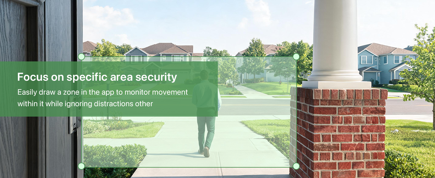 Text reads "Focus on specific area security". Security or surveillance device shown at window with landscape background, demonstrating targeted monitoring capability for specific room areas.