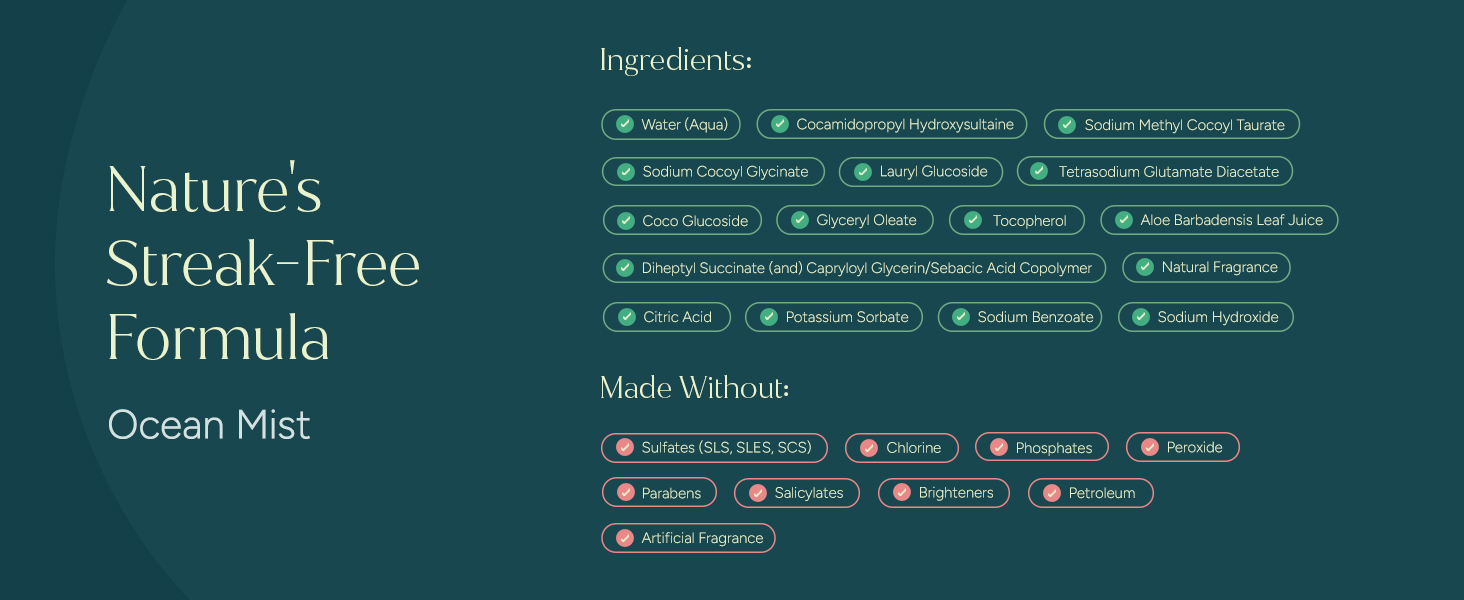 Puracy Ocean Mist Gel Hand Soap plant-based ingredients and &amp;#34;Made Without&amp;#34; list.