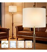 CLOZIAS 67.5" Natural Real Wood Floor Lamp with Vintage Wood Base &amp; Linen Shade &amp; S-Cluster Dual ...