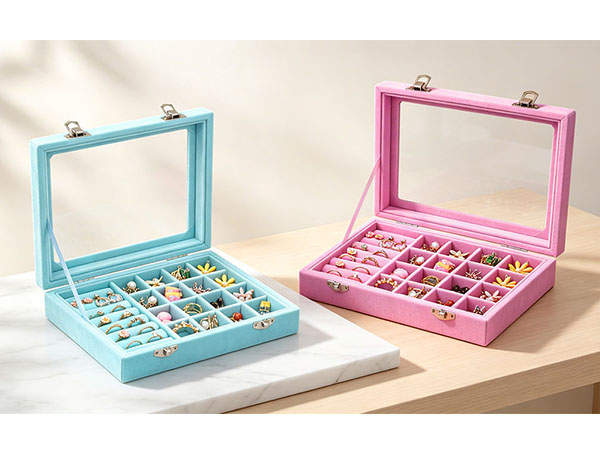Vicoter Velvet Jewelry Organizer Tray 7 Ring Slots &amp; 16 Grid Compartments Glass Lid Display Case