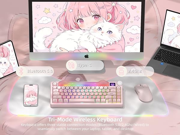 75% Wireless Mechanical Keyboard with Screen and Knob, Pink Cat Creamy Bluetooth Gaming Keyboard