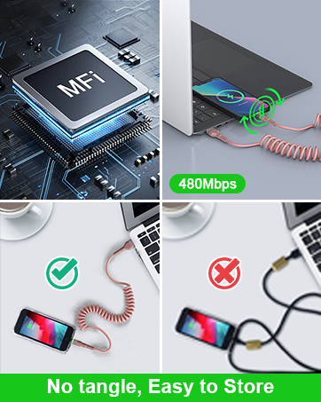 Short Coiled iPhone Charger Cable for Car