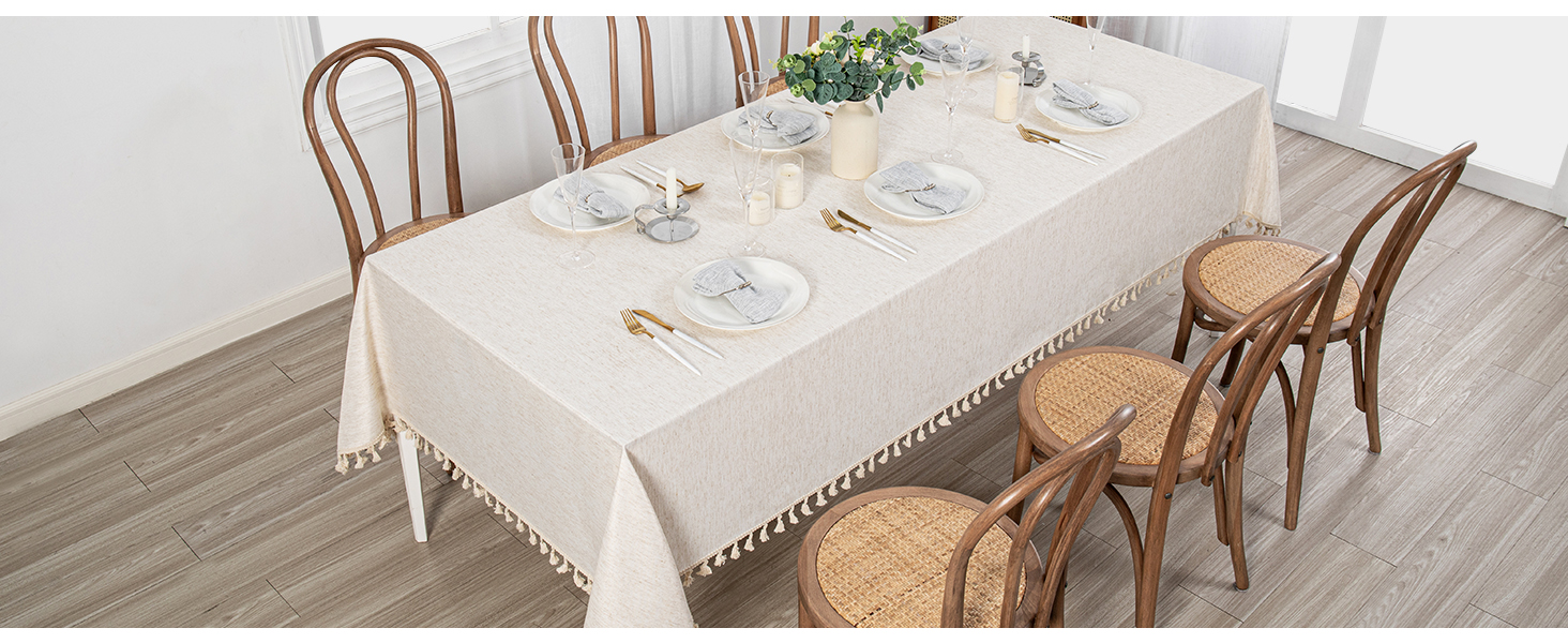 Wrinkle Free Table Cover with Beige Tassels for Kitchen Dining, Party