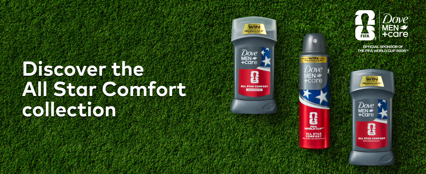 Top view of a soccer field with the Dove Men+Care All Star Comfort product family, next to text.