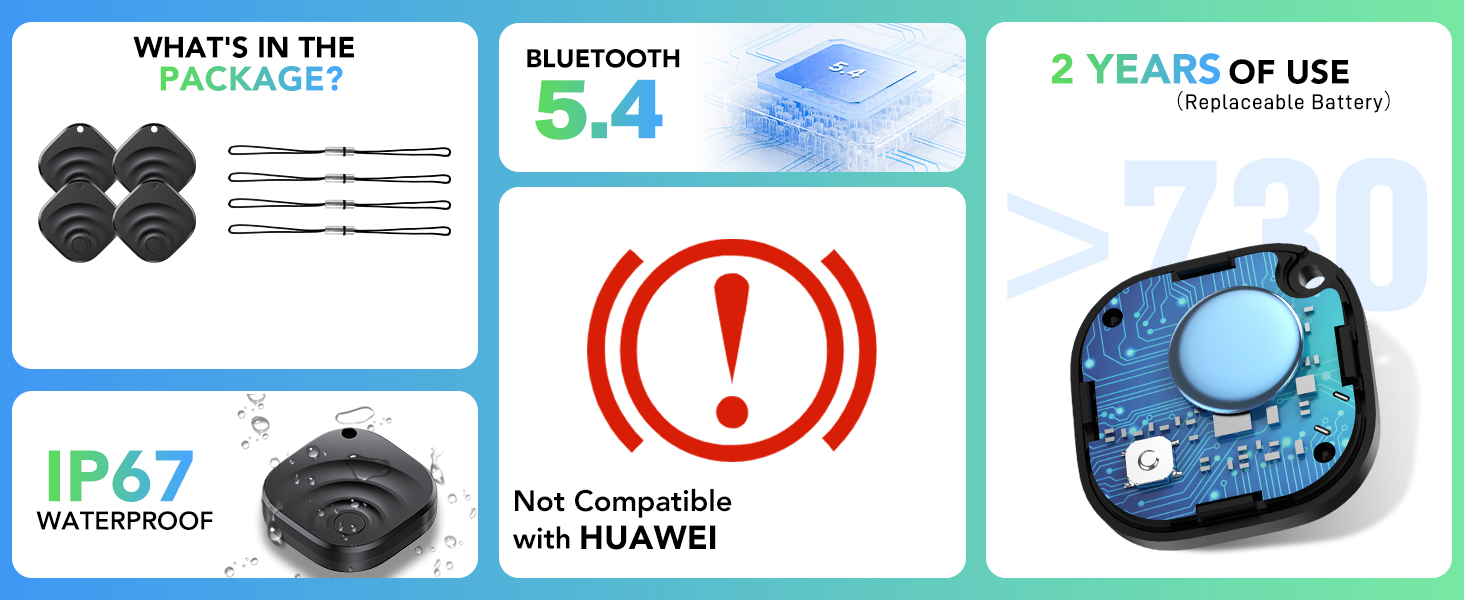 Text shows: 'WHAT'S IN THE', 'BLUETOOTH', '2 YEARS OF USE', 'IP67', '5.4', 'Not Compatible with HUAWEI'. Product features display showing technical specifications for an electronic device.
