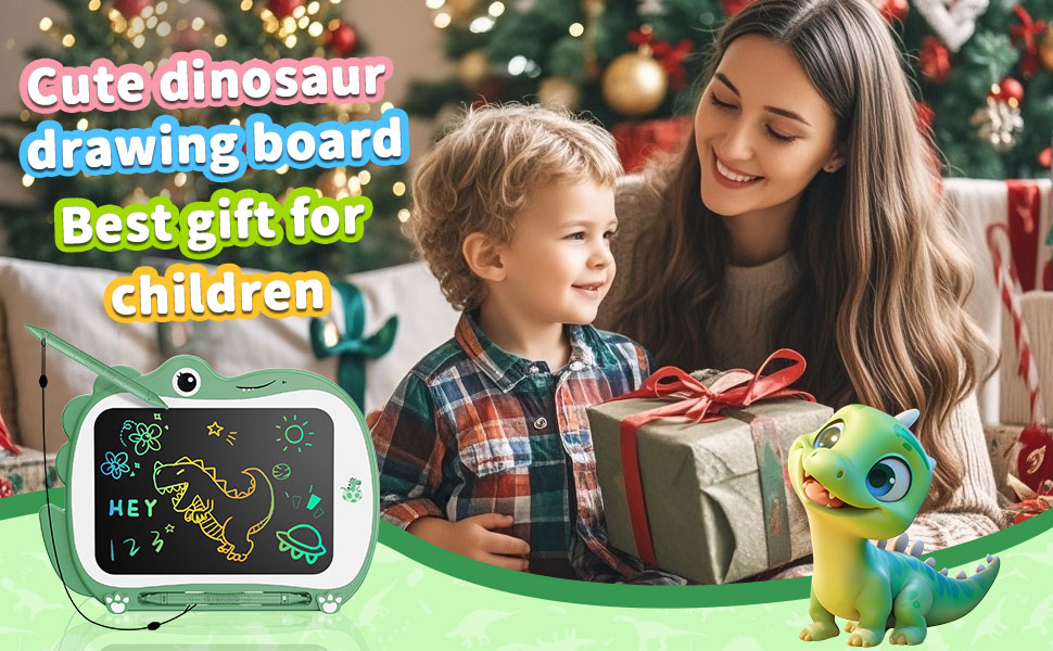 Green-framed electronic drawing board with dinosaur theme, featuring LCD display screen and cartoon dinosaur graphics.