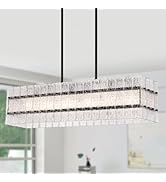 MEIXISUE Modern Black Rectangle Water Ripple Glass Chandelier 6 Lights for Dining Room Kitchen Is...