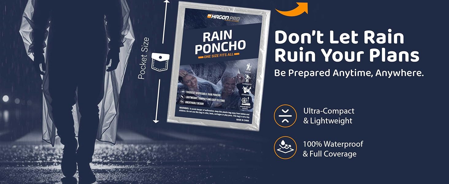 rain poncho packaging shown highlights of waterproof, lightweight, and full coverage features