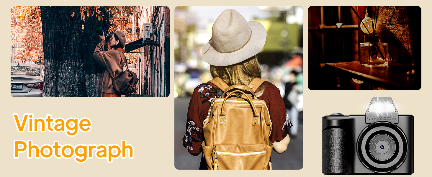 Text reads 'Vintage' and 'Photograph'. Collection of vintage-style cameras and photography equipment displayed against warm-toned background.