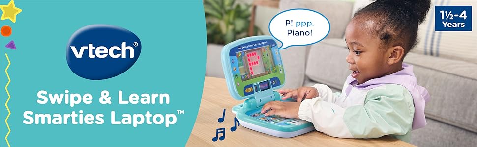 VTech Swipe &amp; Learn Smarties Laptop. Toy Plays music and says: P! ppp. Piano! 1.5-4 Years.
