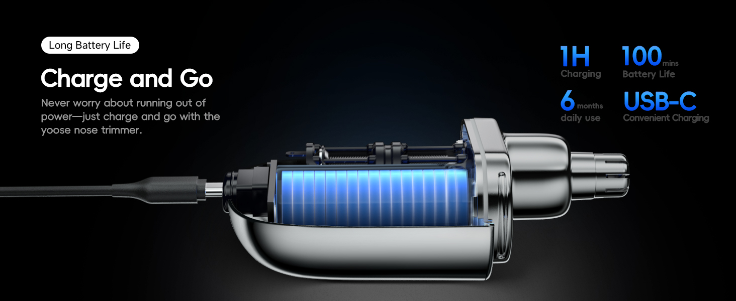 Portable USB-C charger with blue illuminated core. Features 1-hour charging time, 100% battery life, and 6 self-clean cycles. Sleek metallic design with 'Charge and Go' text.