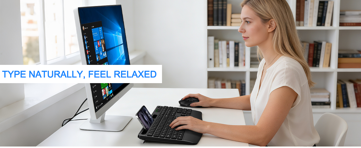 Wireless Keyboard and Mouse, Comfort Ergonomic Palm Rest Keyboard Mouse Combo Phone Holder