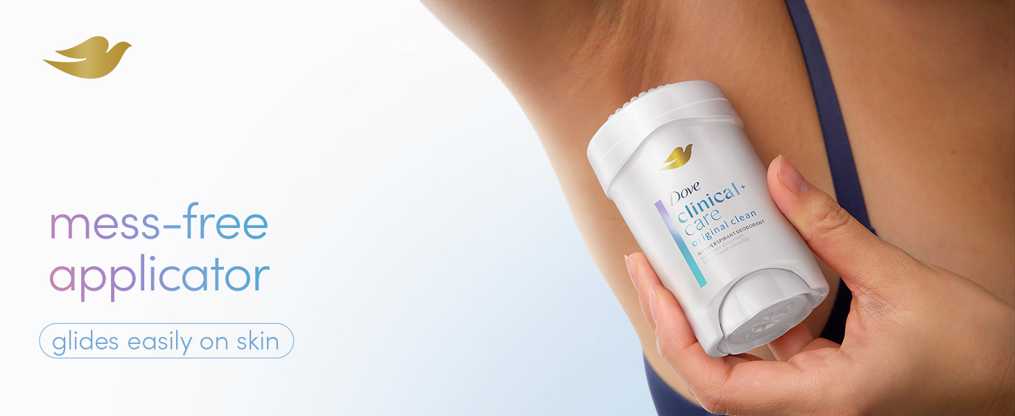 A hand applies the clinical-strength antiperspirant stick (brand with gold leaf logo) to an underarm