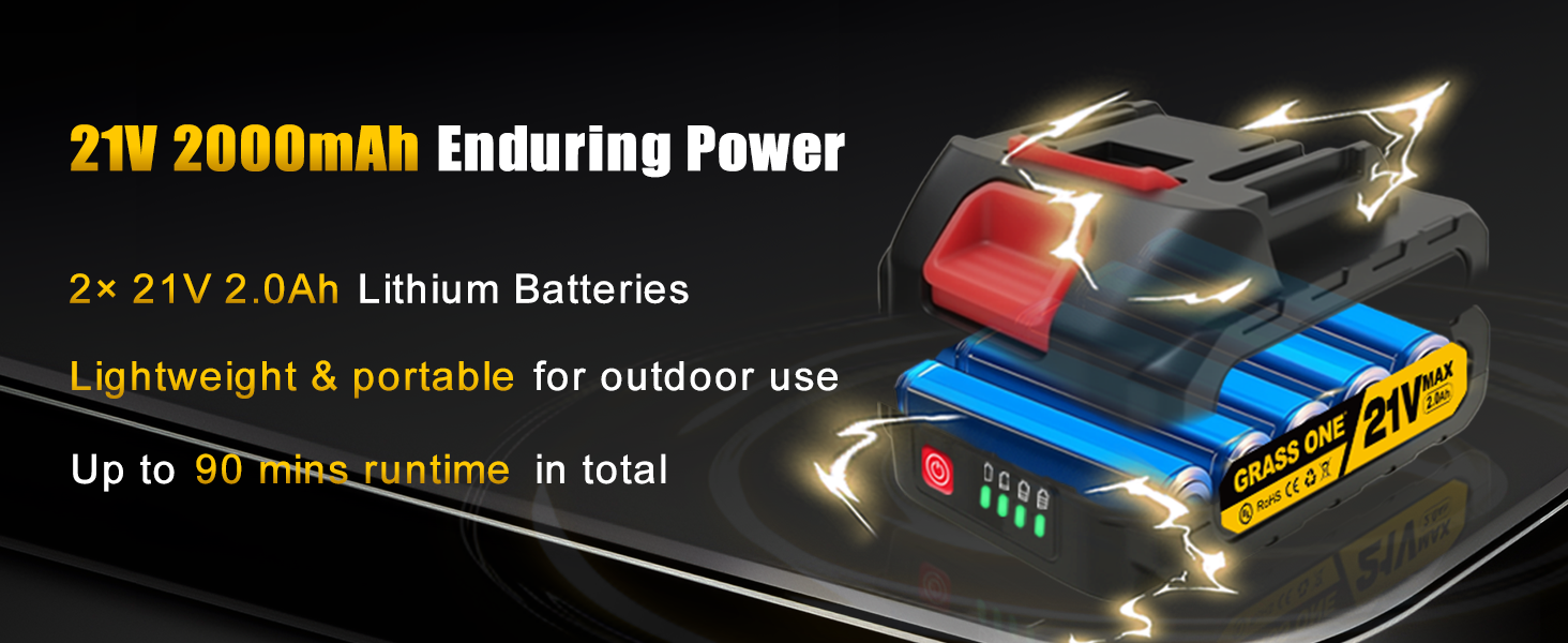 2x 21V2.0Ah Lithium Batteries Lightweight Up to 90 mins runtime in total boo