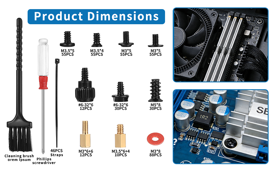 Detailed product dimensions of computer screws, screwdriver, cleaning brush, and accessories.