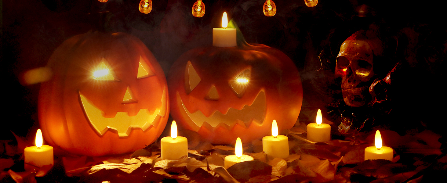 Decor idea of fake tea lights for Halloween with Pumpkin Lantern