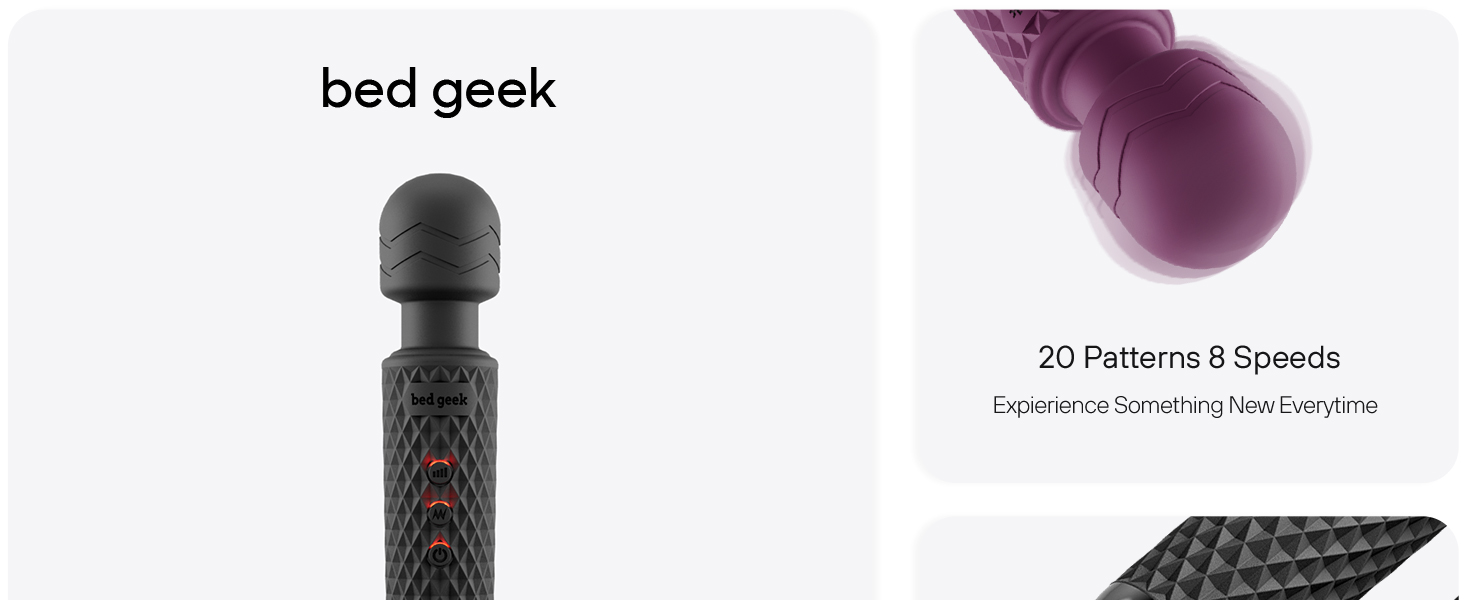 Bed Geek handheld massage wand with soft silicone, 20 vibration patterns, and USB rechargeable