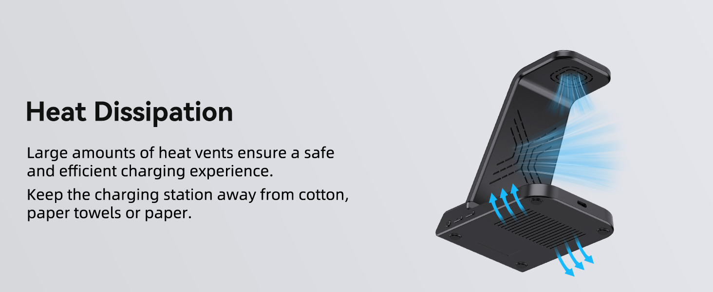 Text reads 'Heat Dissipation'. Product image shows a black charging station or dock with cooling vents and arrows indicating airflow. Warning text about keeping away from cotton and paper.