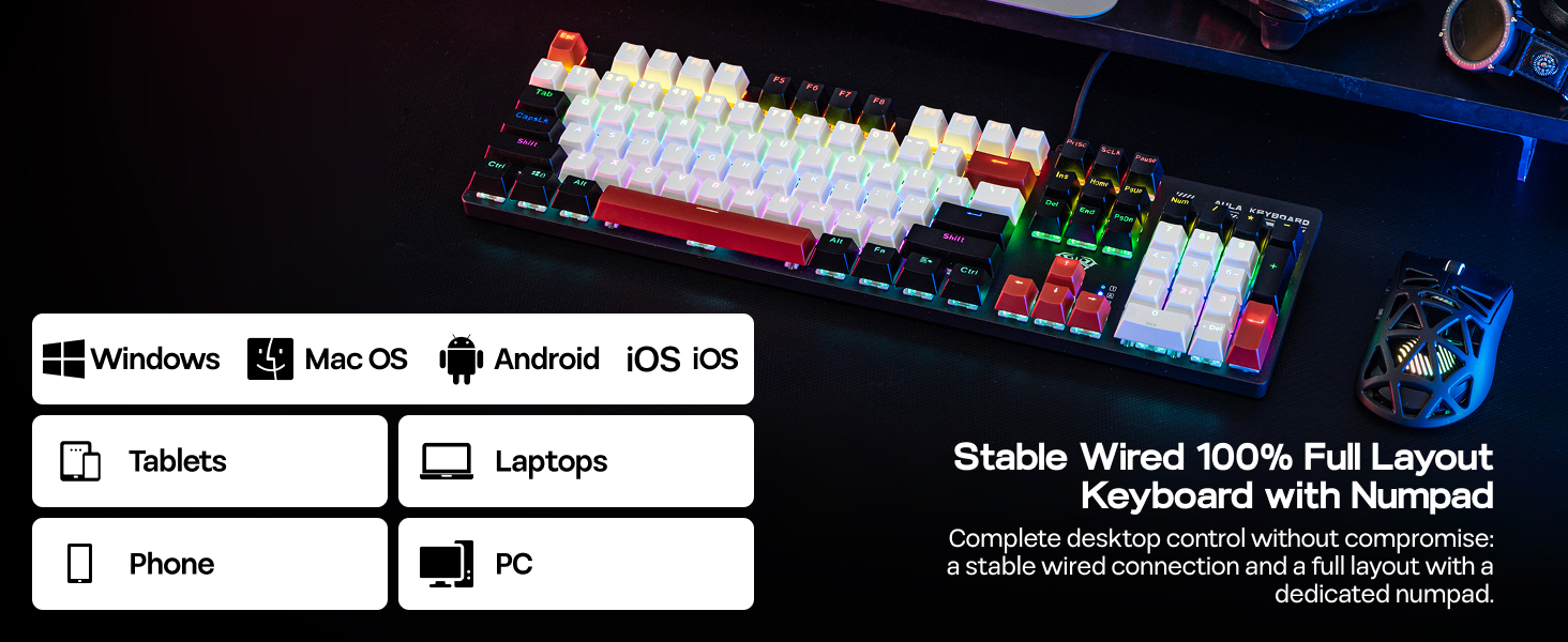 Text shows 'Windows', 'MAC OS', 'Android', 'iOS', 'PC', 'Tablets', 'Laptops'. Computer keyboard with colorful keycaps displayed across various platform icons.