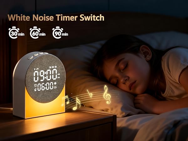 Text reads 'White Noise Timer Switch'. Digital timer display with illuminated numbers showing different time settings against dark background.