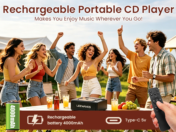 4000mAh battery: hours of music. Great for road trips, camping, or backyard.