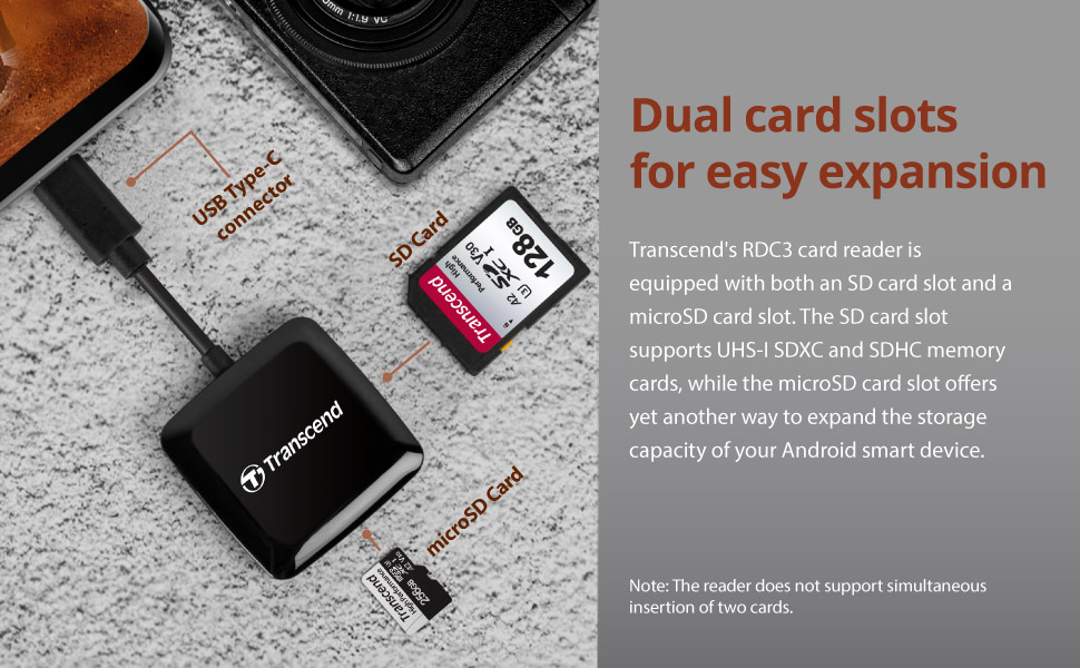 SD/microSD Card Reader, USB 3.2 Gen 1, Black, Type C