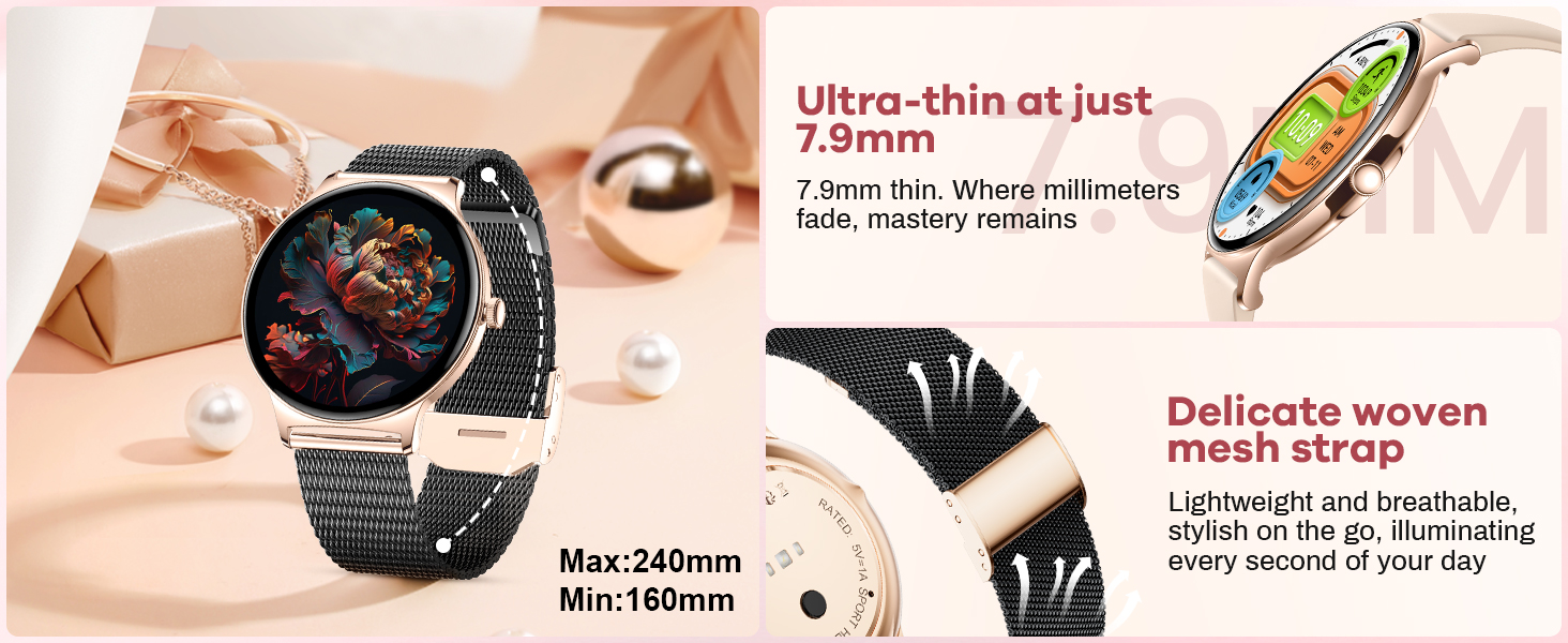 Smartwatch with round face and black mesh strap. Features include 7.9mm ultra-thin profile, delicate woven mesh band, and colorful display. Max size 240mm, min 160mm.