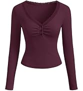 MEROKEETY Women's 2026 Fall Long Sleeve Tops V Neck Lace Trim Ruched Ribbed Button Henley Shirts ...