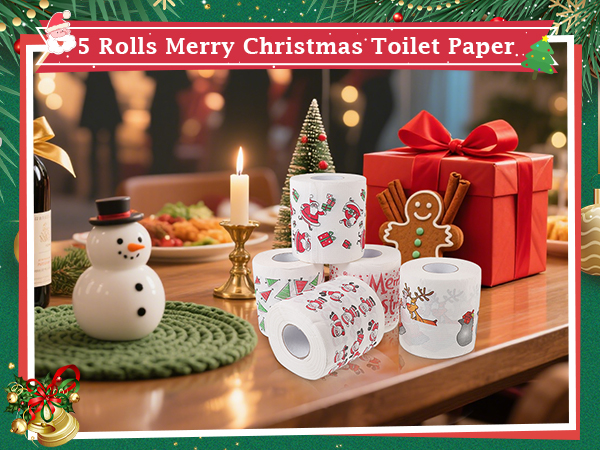 5 Rolls Christmas Toilet Paper Roll Tissue Napkin Santa Tree Pattern for Xmas Holiday
