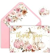 AnyDesign 36 Pack Fall Thank You Cards Note Greeting Card, Pumpkin Floral | Boho Pink Pumpkin Flo...