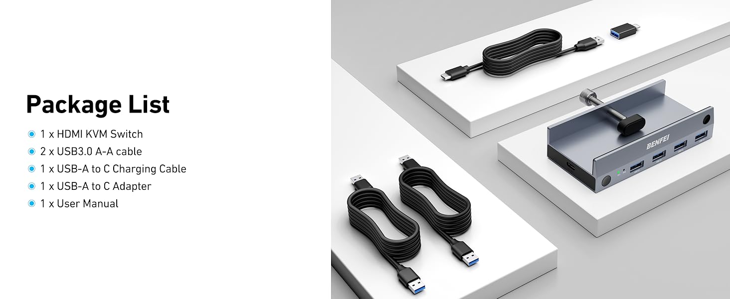 USB-C hub with multiple ports, including HDMI and USB-A. Package includes cables and adapters. Displayed on white surfaces with product details listed.