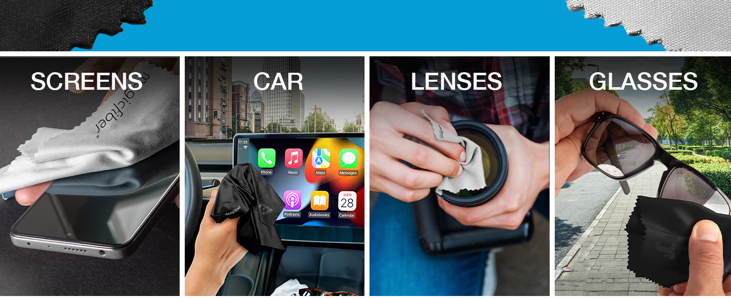 Use on screens. In the car. On camera lenses and on sunglasses or reading glasses.