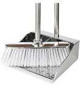 Metal Dustpan with Soft Bristles Broom Heavy Duty Stainless Steel Upright Standing Dust Pan and B...