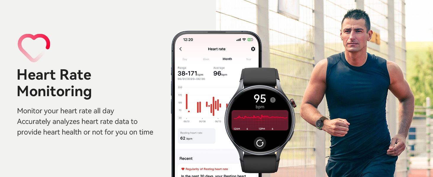 Smartwatch displaying heart rate data, with accompanying smartphone app showing detailed heart rate graph and statistics.