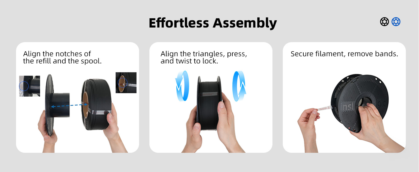 Three-panel instructional image for assembling a black spherical device. Shows aligning notches, pressing sides together, and securing by removing bands, demonstrating effortless assembly process.