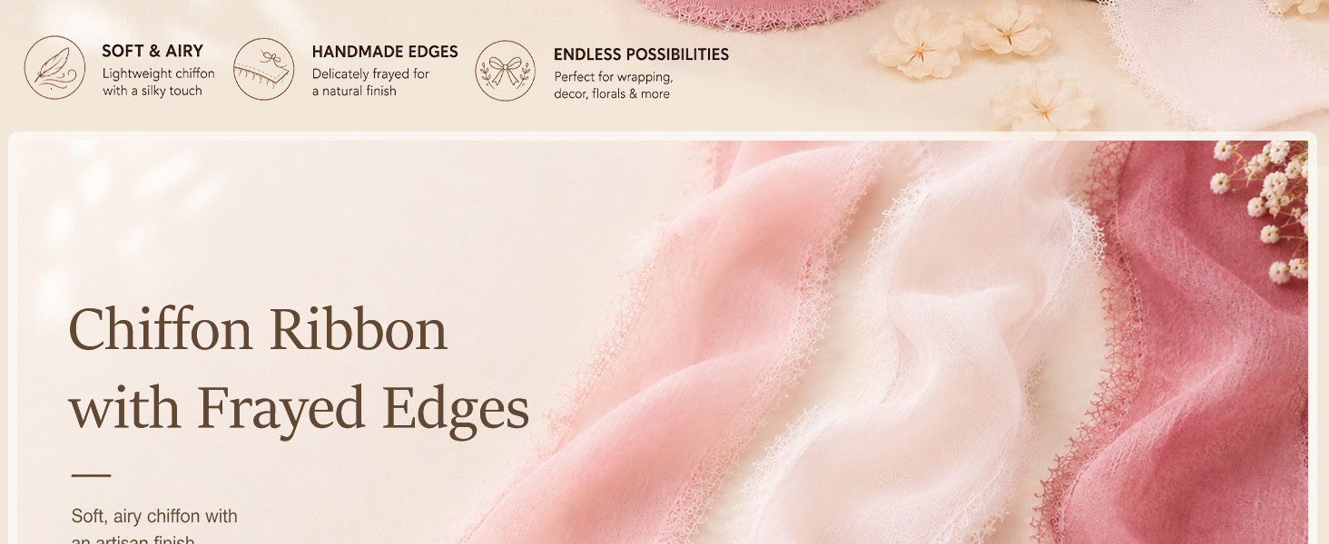 Pink Ribbon,Chiffon Ribbon,1 In Frayed Pink Ribbon,Chiffon Silk Ribbon for Gift Wrapping,Flower