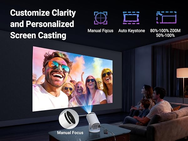 Android 14 system with built-in streaming apps, 200 ANSI lumens, 180° rotating base