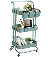 danpinera 3 Tier Rolling Utility Cart with Lockable Wheels &amp; Hanging Cups &amp; Hooks Storage Organiz...