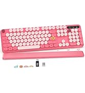 Wireless Keyboard, Round Keycaps, Retro Typewriter Keyboard with Detachable Wrist Rest, Sleep Mod...