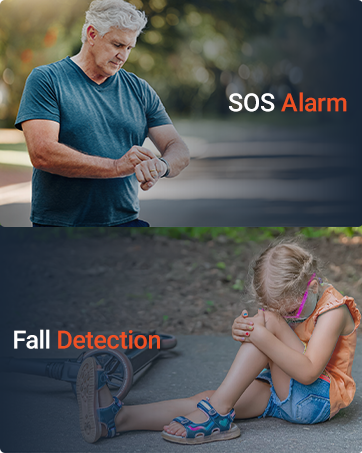 Text reads "SOS Alarm" and "Fall Detection". Composite image showing older man checking wrist device and woman sitting on ground after fall, demonstrating emergency alert and fall detection features.