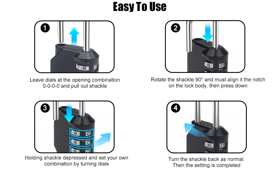 Instructional diagram for using a combination lock, showing four steps: setting the code, rotating the shackle, hooking the shackle, and completing the locking process.