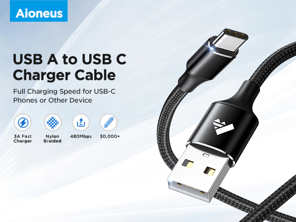 Aioneus USB-A to USB-C charger cable with braided nylon cord, fast charging capability, and 480Mbps data transfer speed. Features include 2.4A fast charging and 30,000+ bend lifespan.